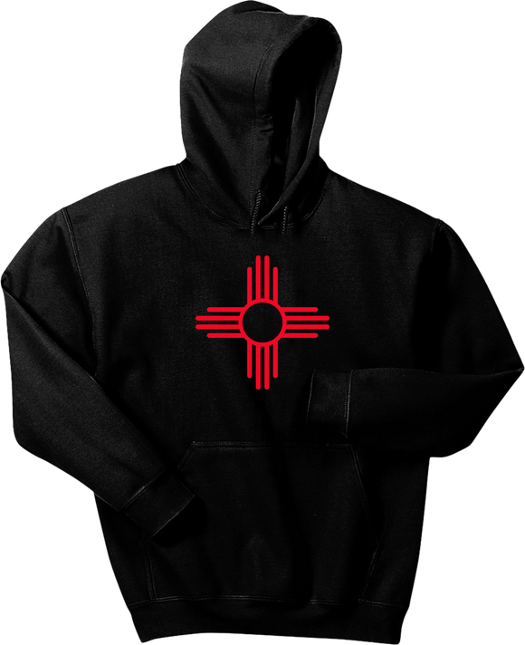 Black Hooded Sweatshirt with Red Zia Symbol